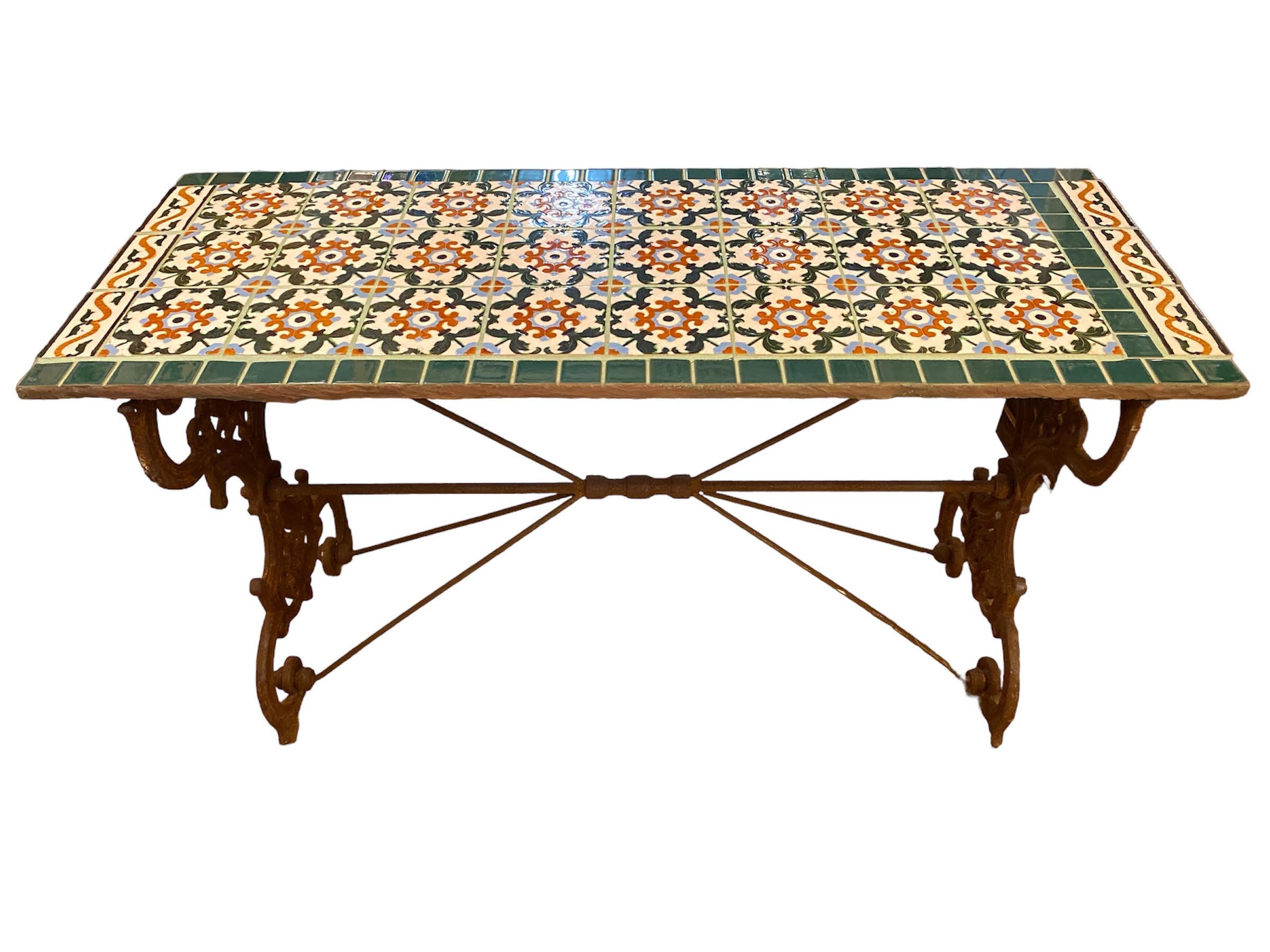 Spanish Revival Wrought Iron Tile Top Console Table 2
