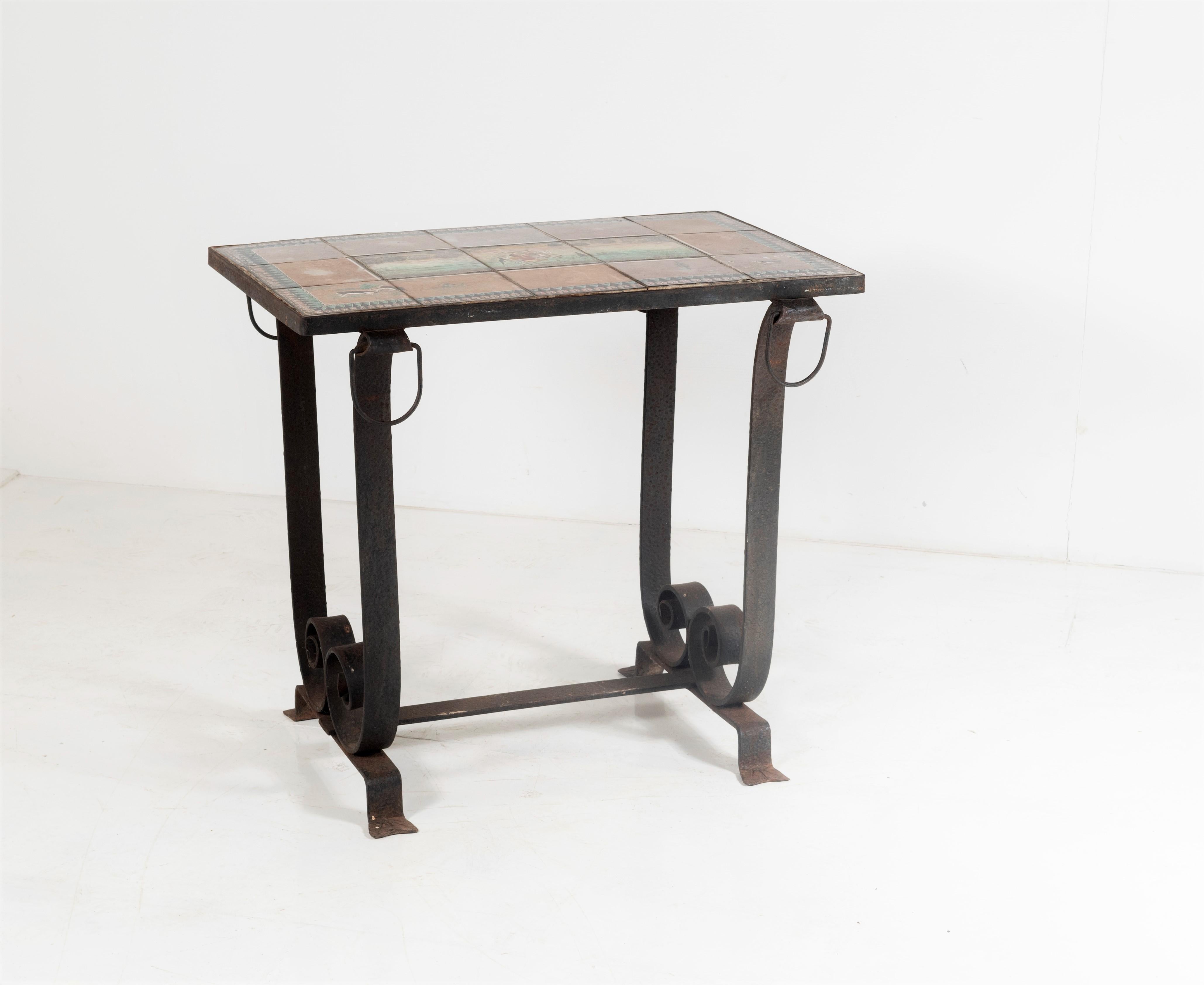 Arts and Crafts Spanish Revival Wrought Iron Tile Top Patio Catalina Side Table  Addison Mizner