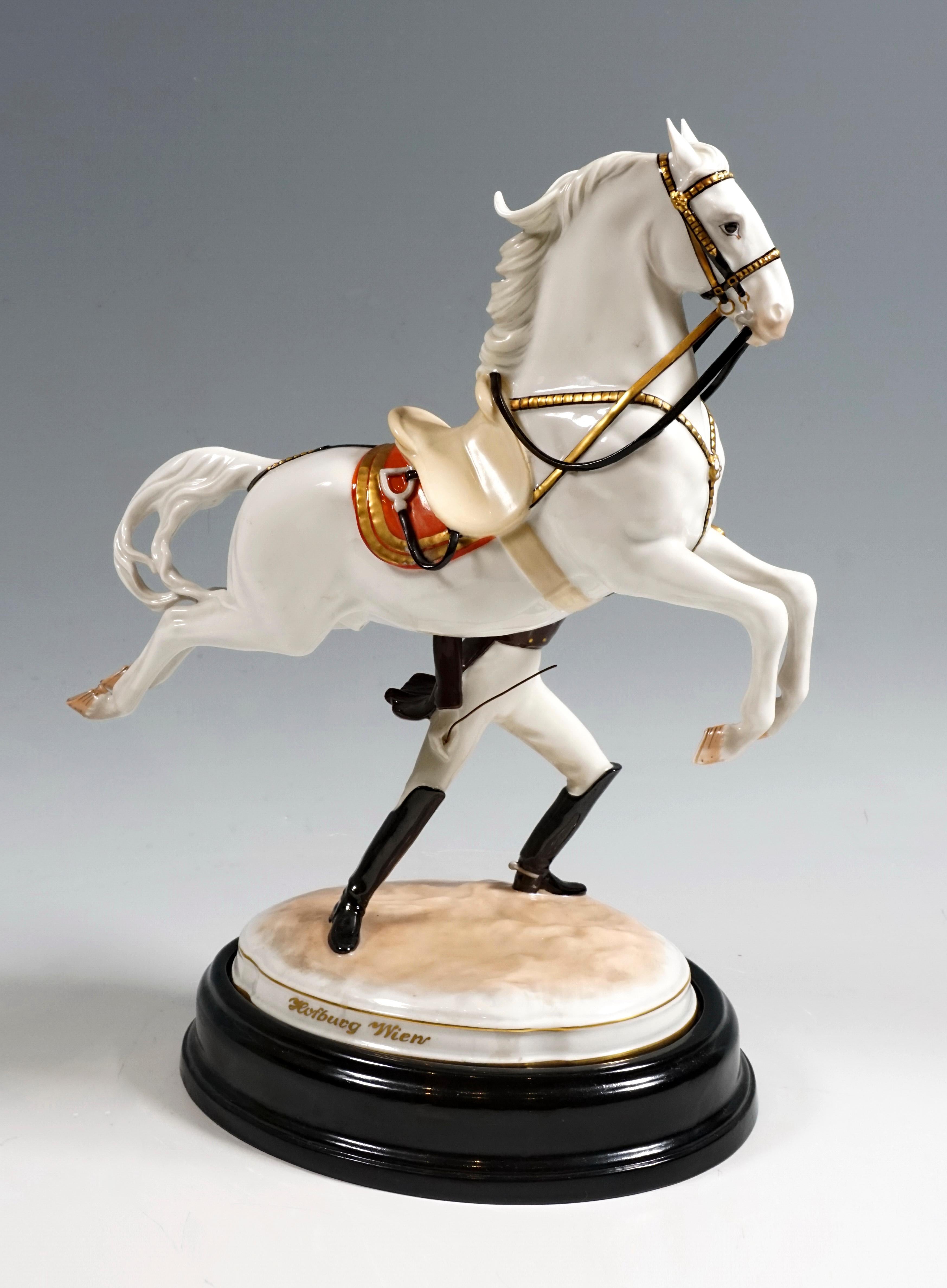 Vienna Augarten Horse, Spanish Riding School
Figure Type: 'Capriole'

The rider stands next to the Lippizzaner Horse, who is about to jump, and holds it by the reins.
The figure depicted is called 'Capriole' (Italian 'capriola' which means high