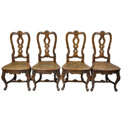 Spanish Rococo Baroque Style Solid Pine Wood Cane Seat Dining Chairs, Set of 4