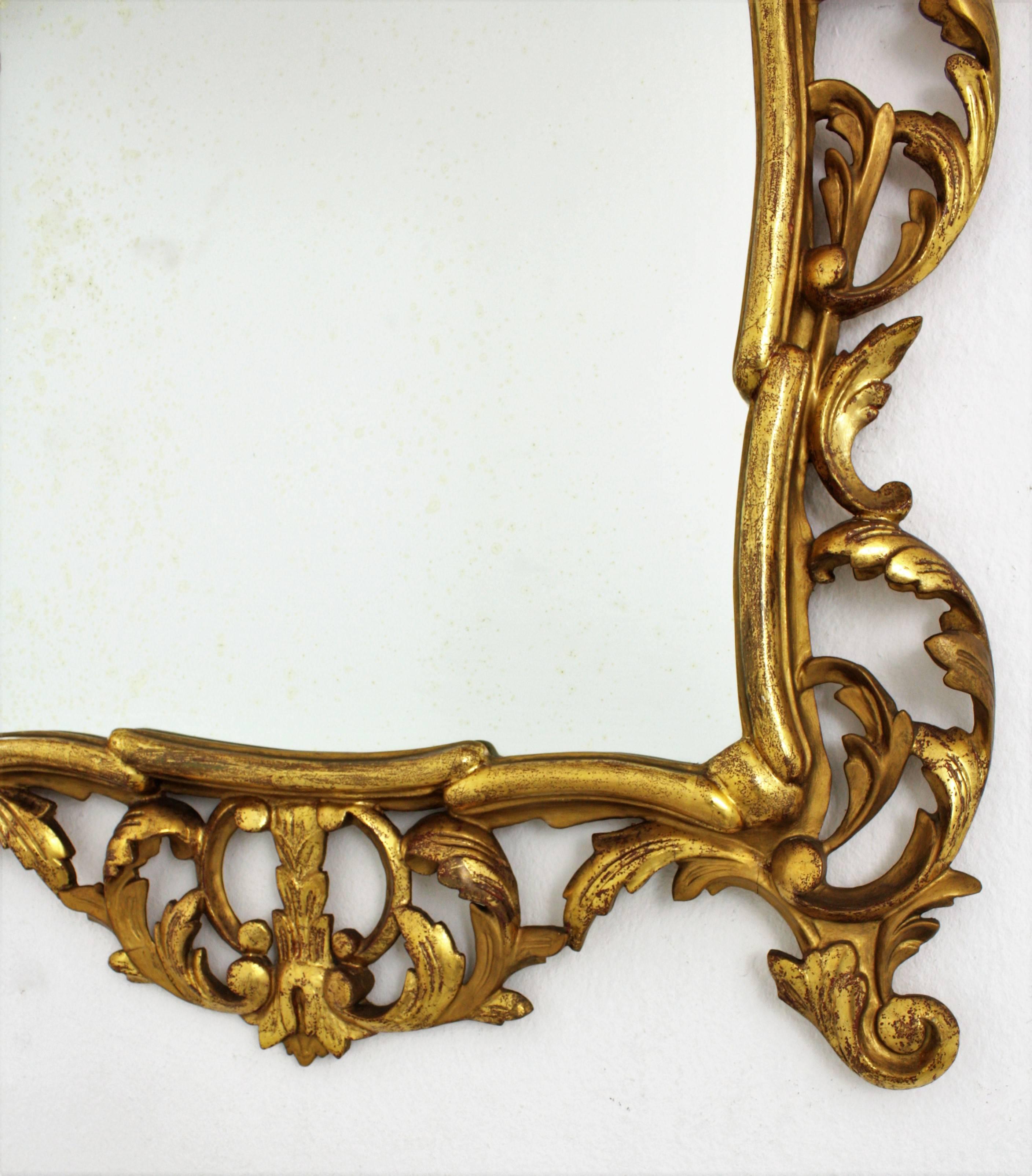 Wood Spanish Rococo Giltwood Mirror with Crest For Sale