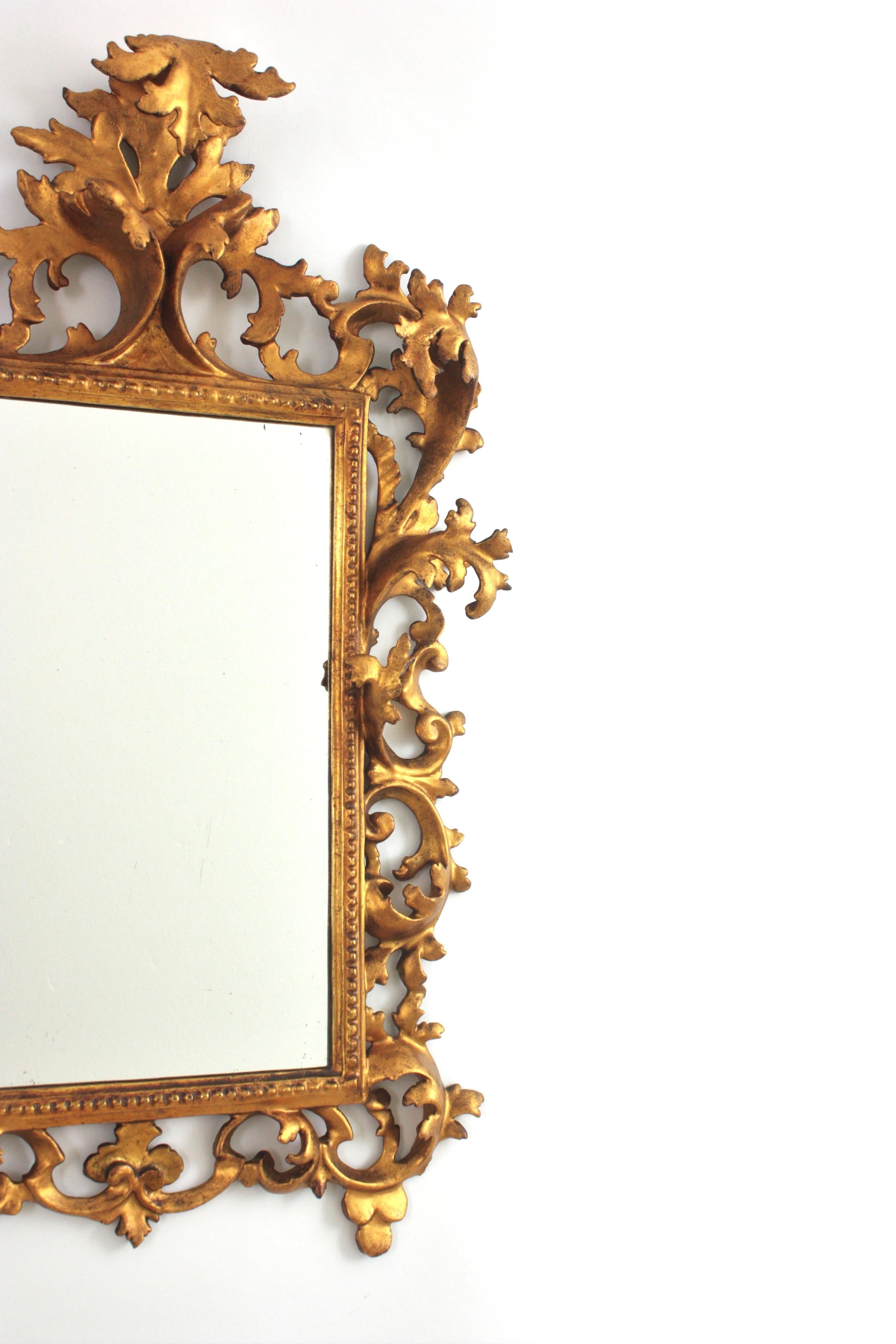 20th Century Spanish Rococo Giltwood Mirror with Foliage Carving Frame For Sale