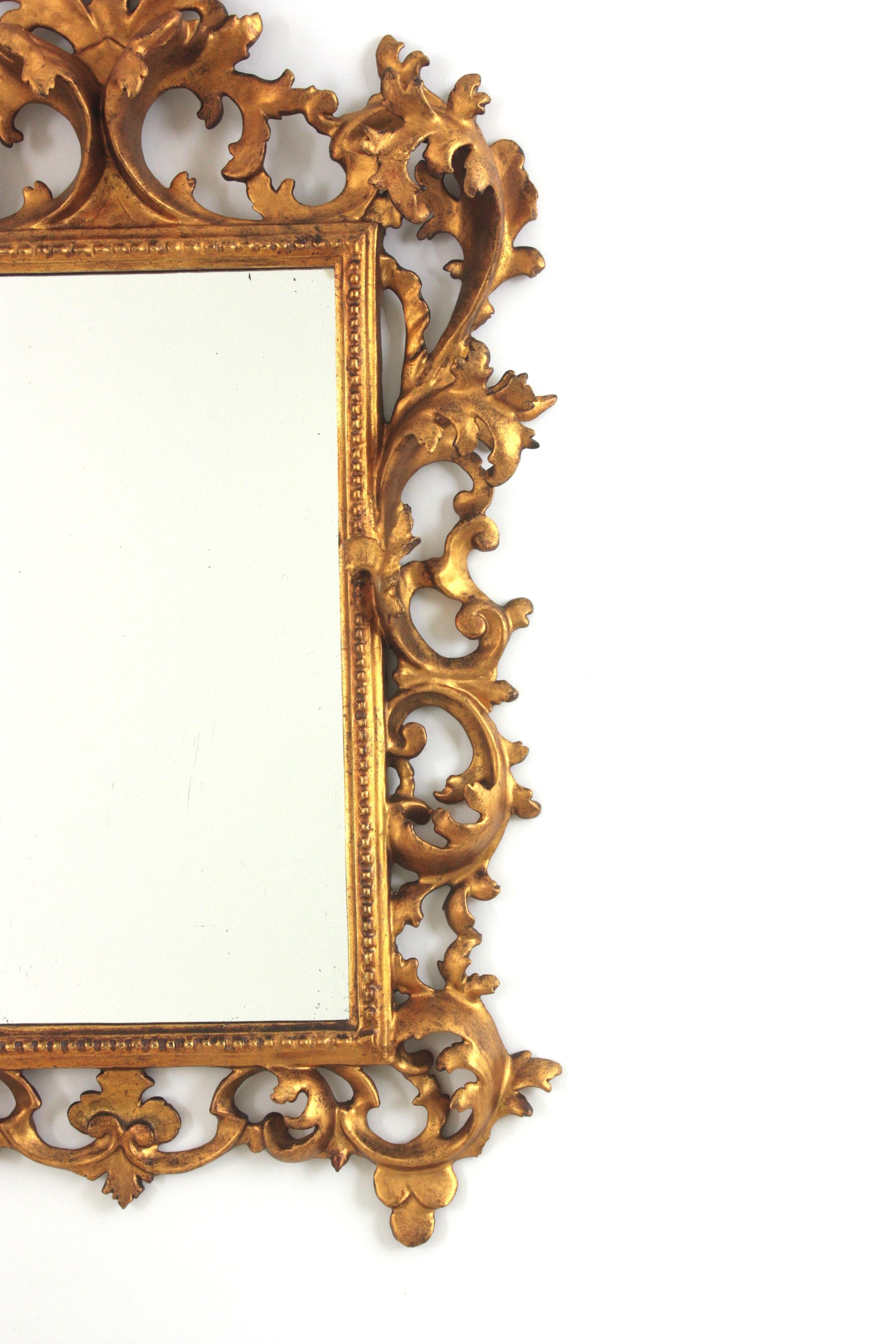 Spanish Rococo Giltwood Mirror with Foliage Carving Frame For Sale 1