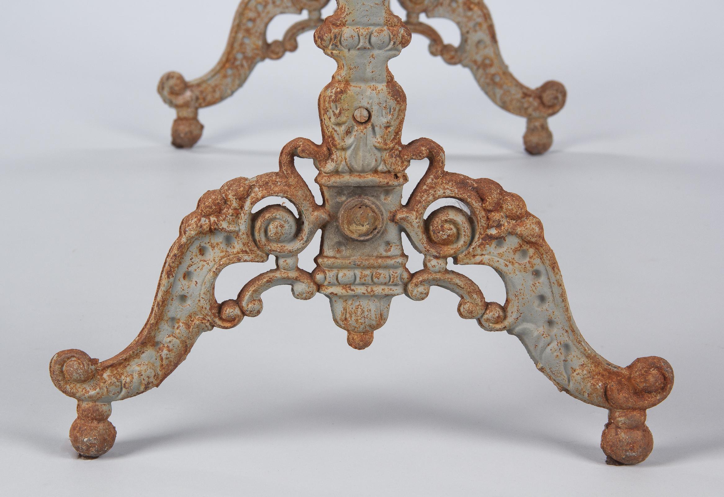 Wrought Iron Spanish Rococo Iron Base Bistro Table with Marble Top, Late 1800s