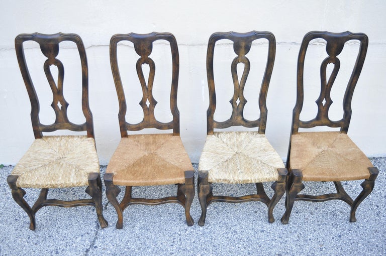 Spanish Rococo Rush Seat Distressed Carved Wood Dining Side Chairs, Set ...