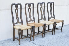 Spanish Rococo Rush Seat Distressed Carved Wood Dining Side Chairs, Set of 4