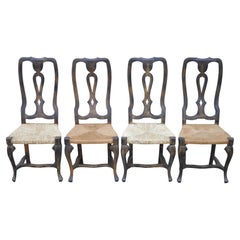 Spanish Rococo Rush Seat Distressed Carved Wood Dining Side Chairs, Set of 4