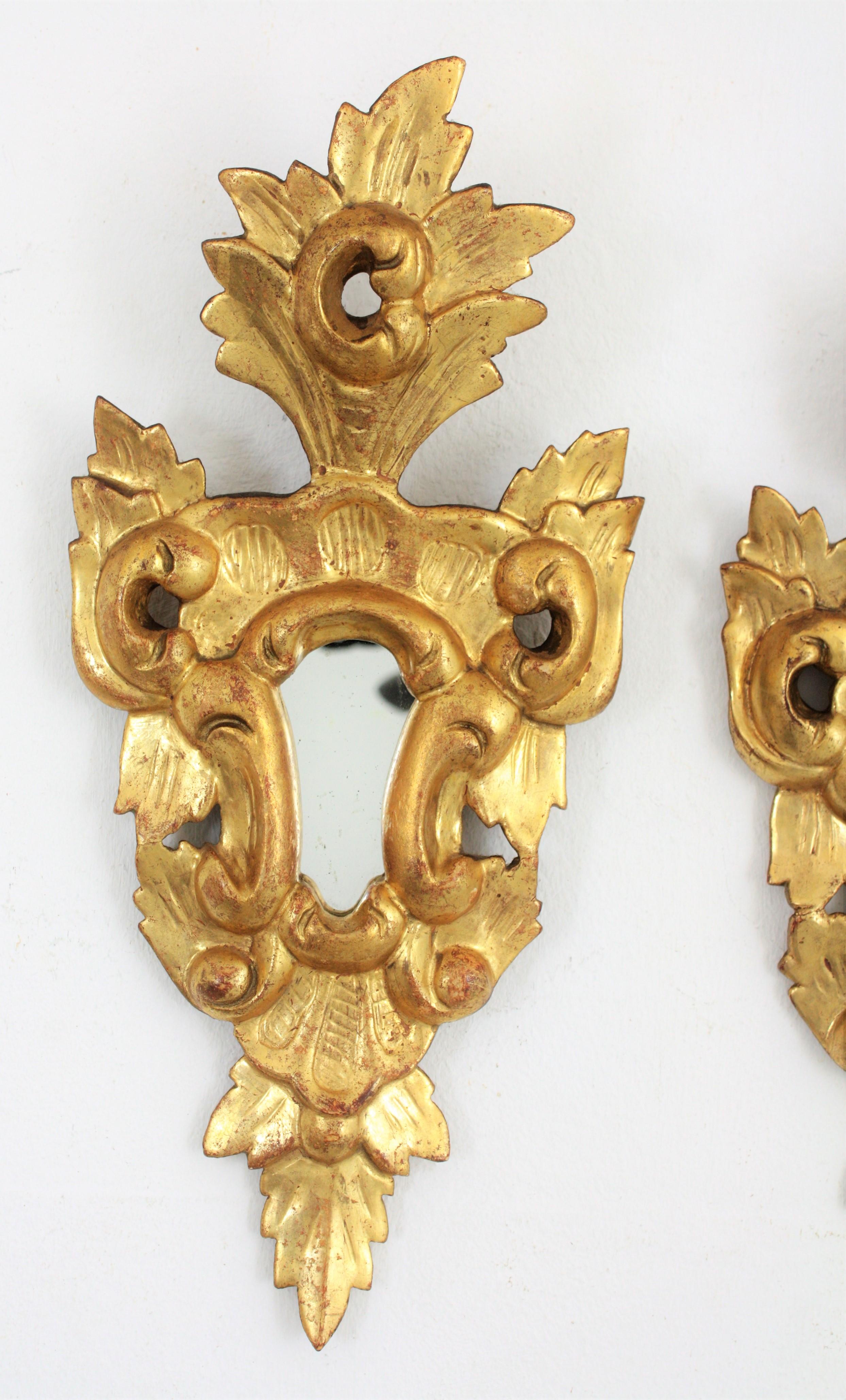 French Pair of Spanish Rococo Mini Sized Giltwood Mirrors For Sale