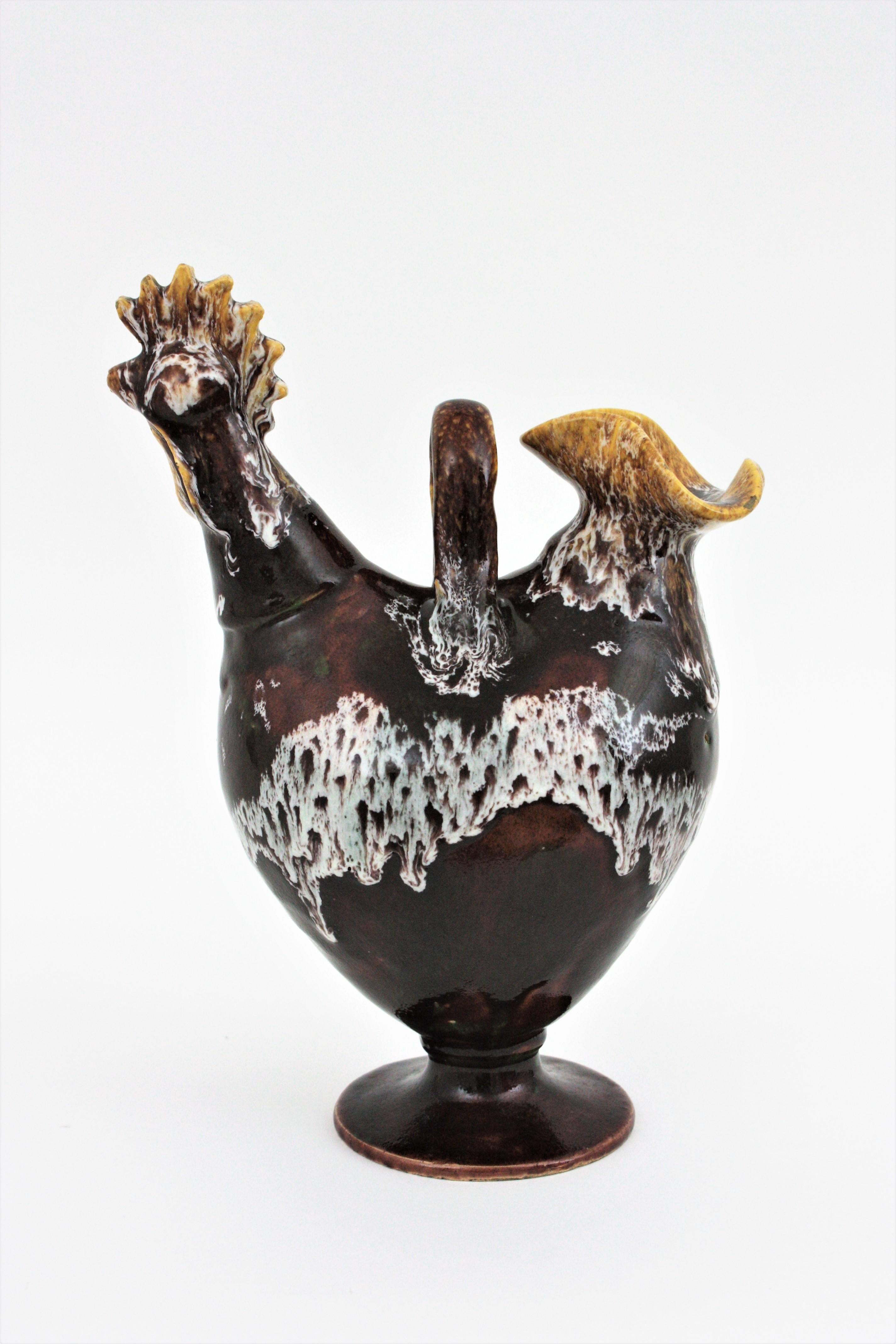 Spanish Rooster Shaped Pitcher in Brown Glazed Ceramic, 1960s For Sale 4
