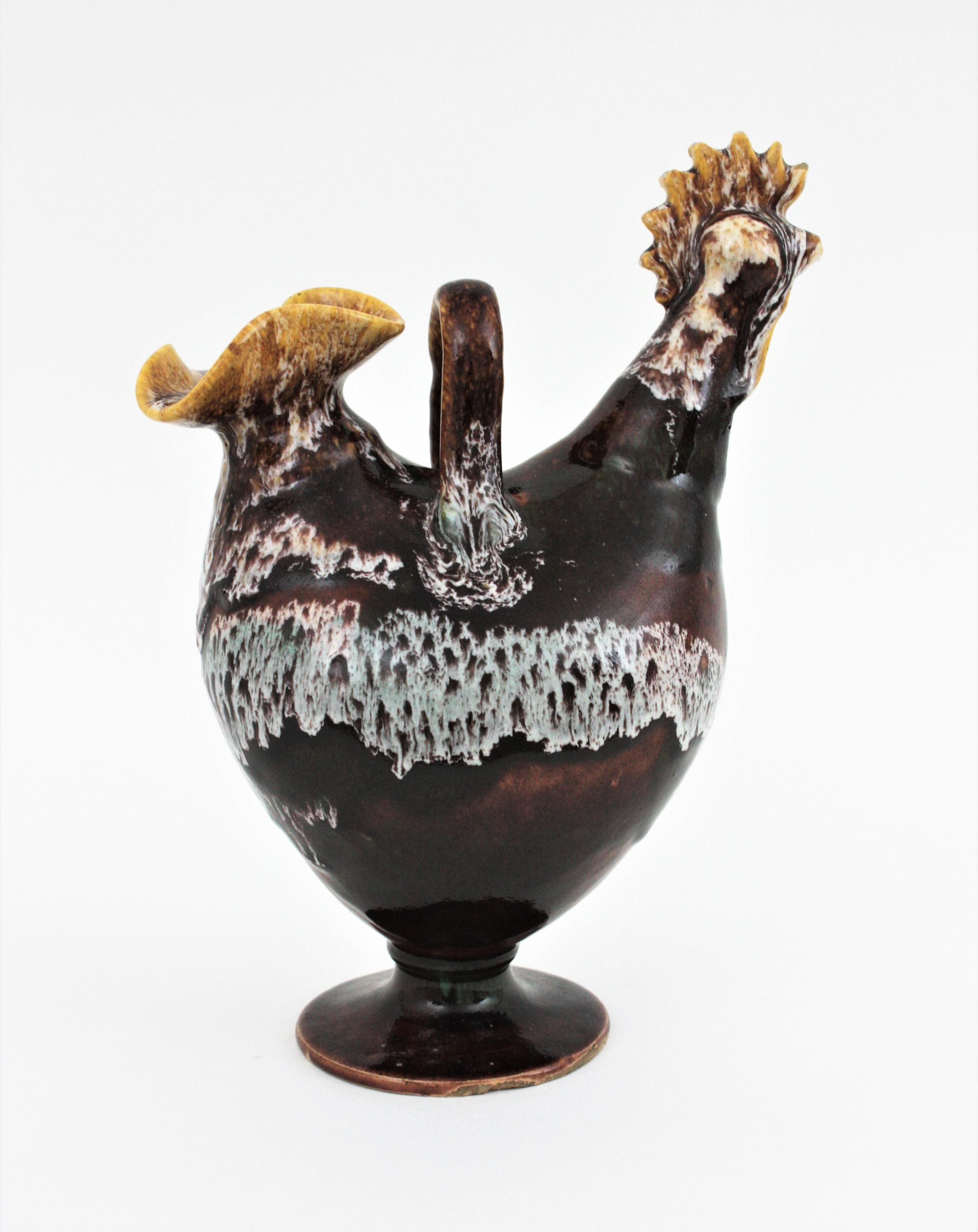 20th Century Spanish Rooster Shaped Pitcher in Brown Glazed Ceramic, 1960s For Sale