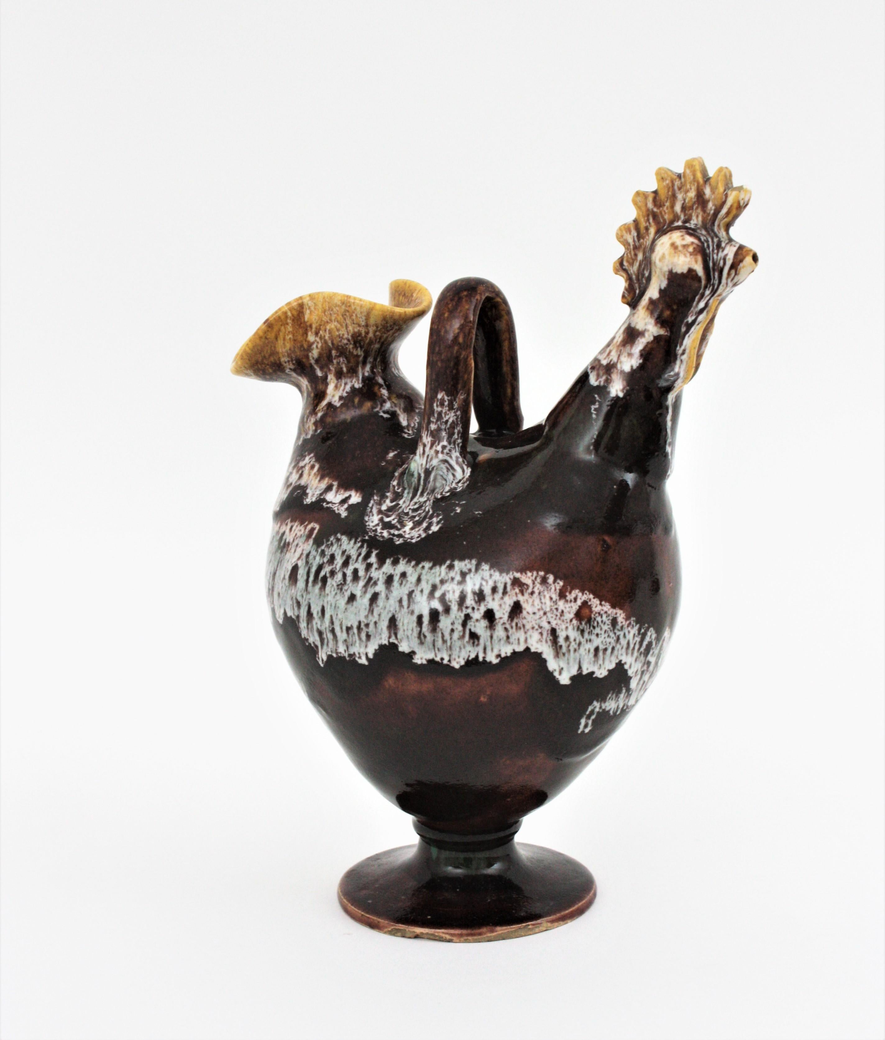 Spanish Rooster Shaped Pitcher in Brown Glazed Ceramic, 1960s For Sale 1