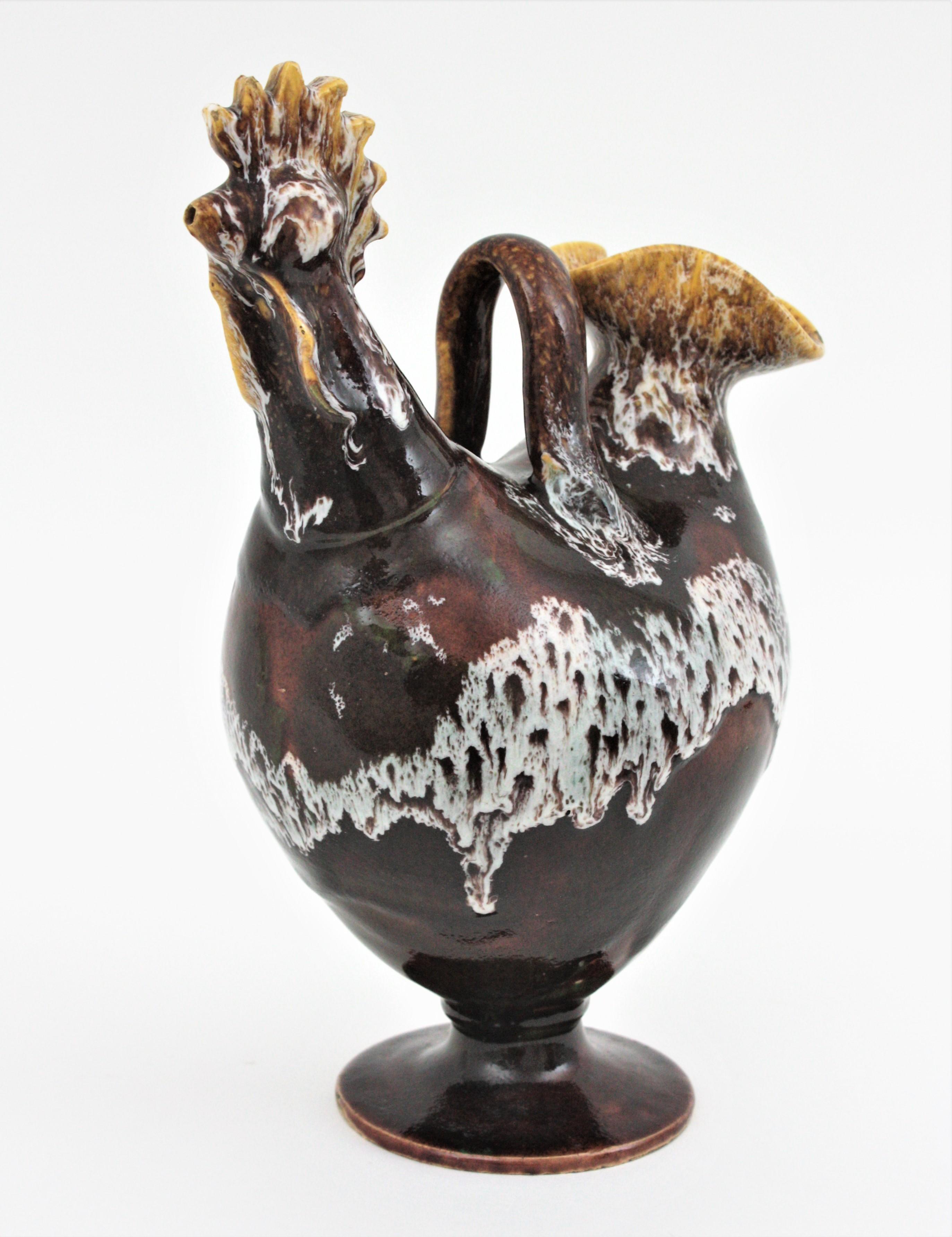 Spanischer Krug in Form eines Hahns aus braun glasierter Keramik, 1960er Jahre im Angebot 2