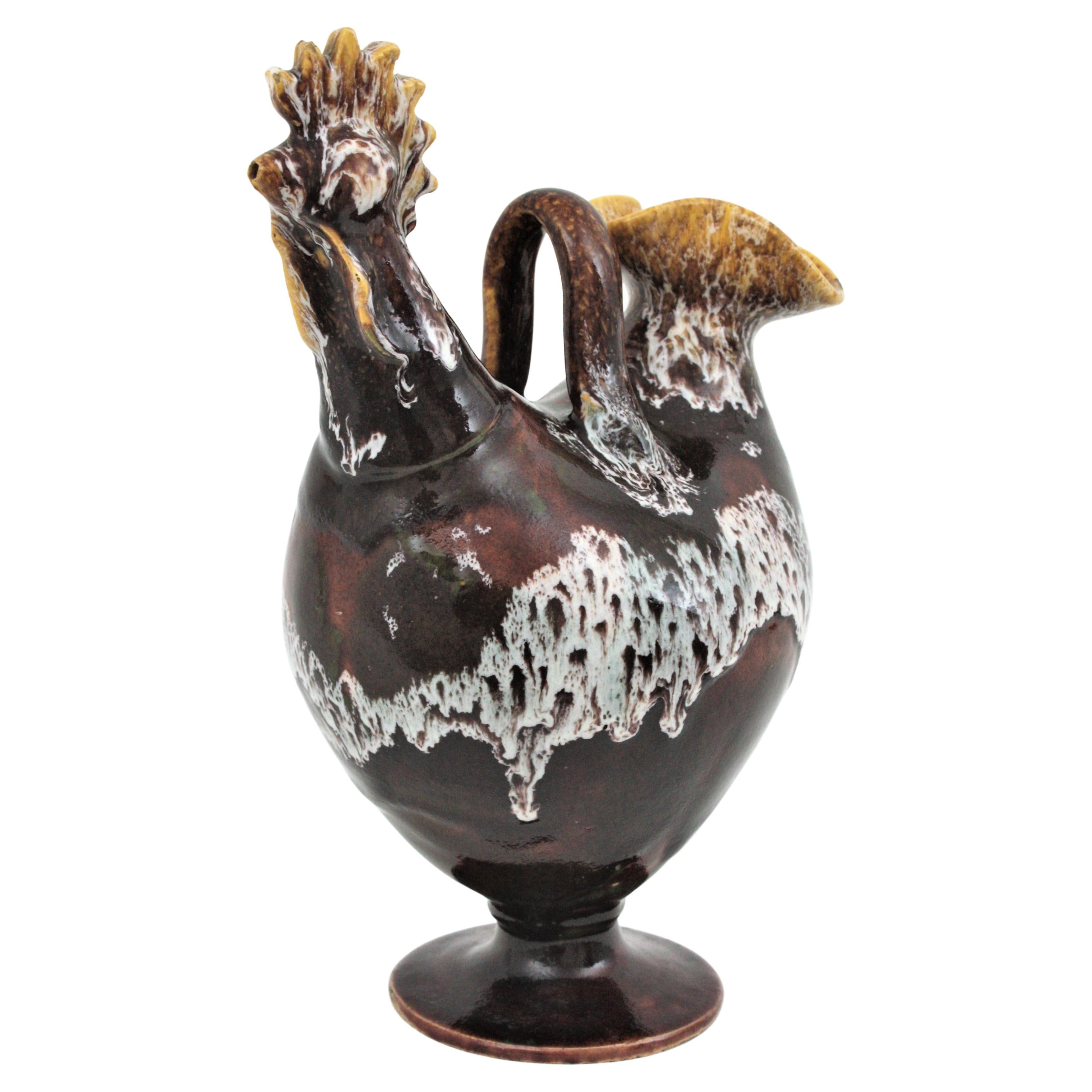 Spanish Rooster Shaped Pitcher in Brown Glazed Ceramic, 1960s For Sale
