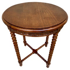 Spanish Round Carved Wood Side Table with Bobbin Turned Legs