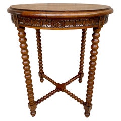 Spanish Round Carved Wood Side Table with Bobbin Turned Legs