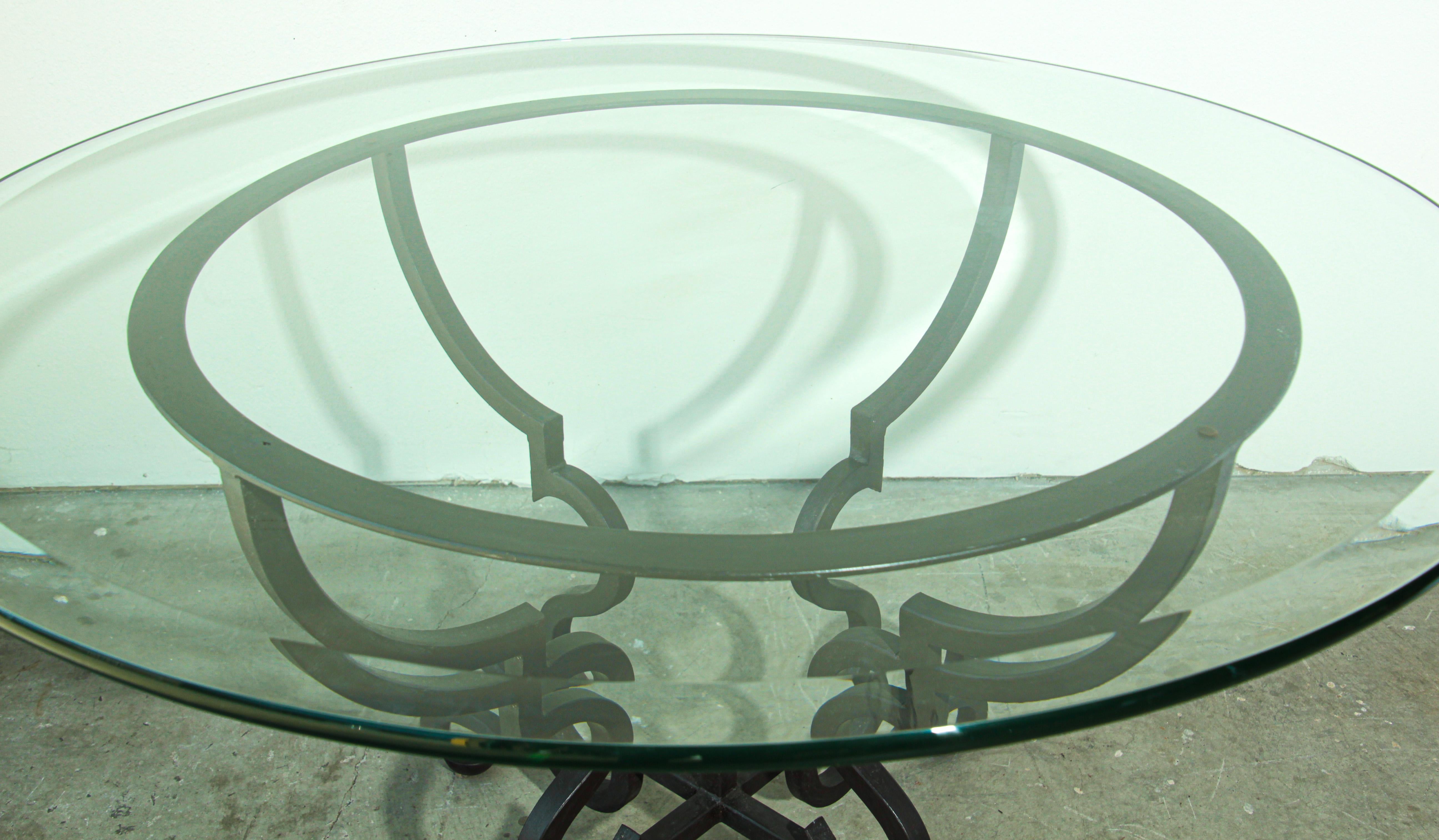 Hand-Crafted Spanish Round Glass Dining Table on Wrought Iron Base