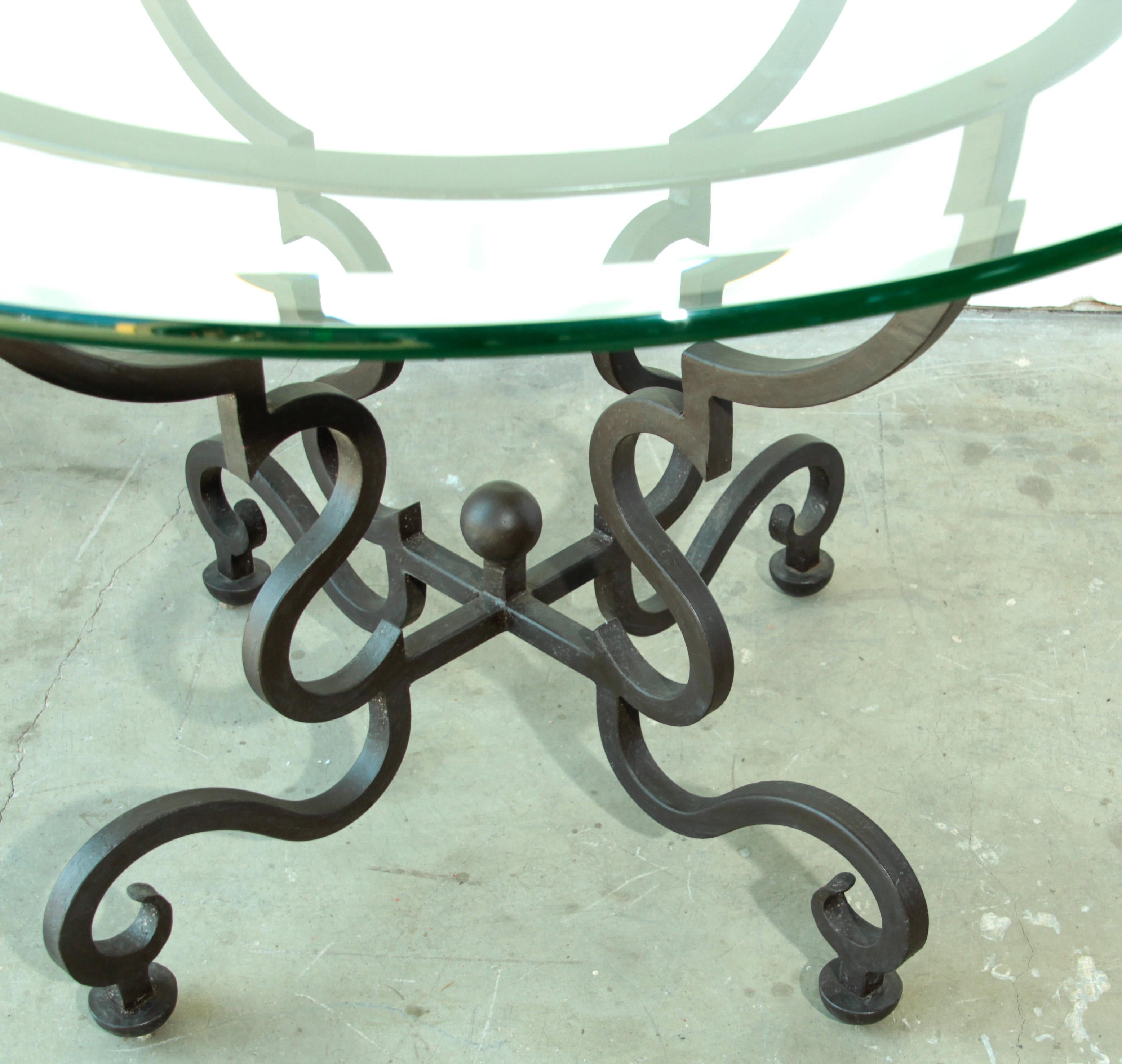Spanish Round Glass Dining Table on Wrought Iron Base In Good Condition In North Hollywood, CA