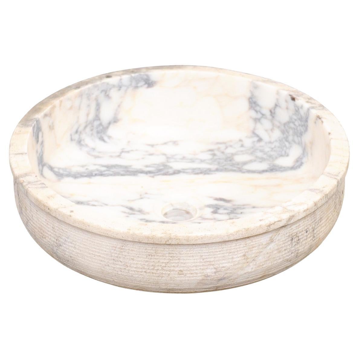 Spanish Round-Shaped Off-White Marble Sink w/Grey Veining, 16.75" Diameter Size For Sale