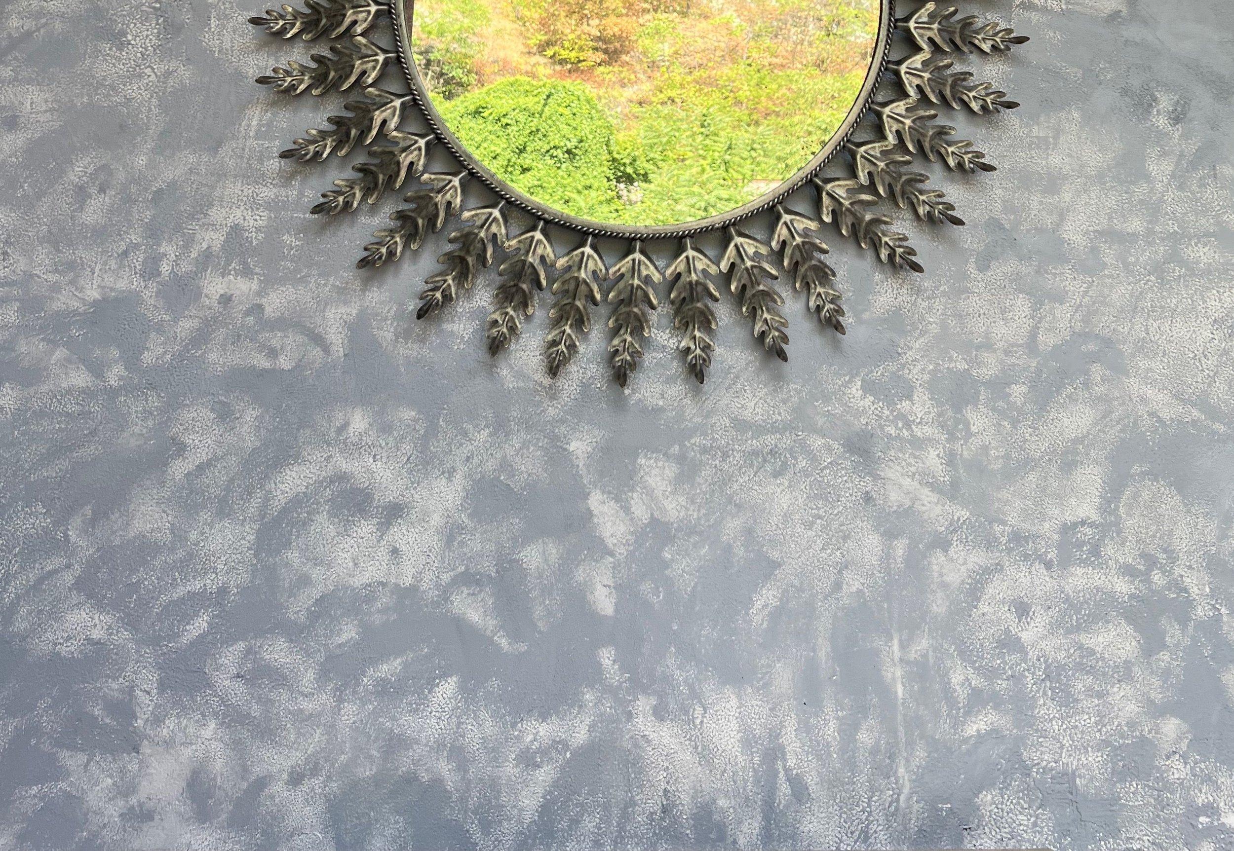 Mid-Century Modern Spanish Round Silvered Metal Sunburst Mirror For Sale