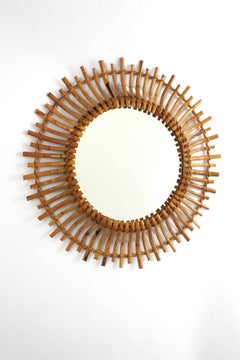 Spanish Round Sunburst Mirror in Rattan, Hand-crafted, 1960s