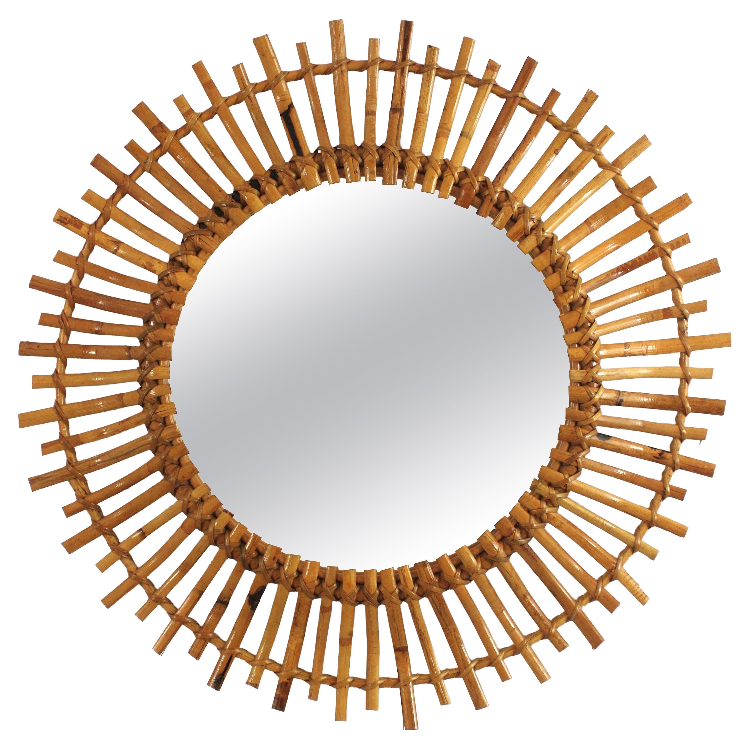 Spanish Round Sunburst Mirror in Rattan, Hand-crafted, 1960s For Sale