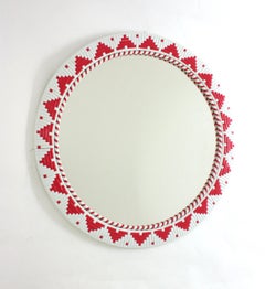 Spanish Round Wall Mirror in Red & White Acrylic Woven Frame, Hand-crafted, 1970
