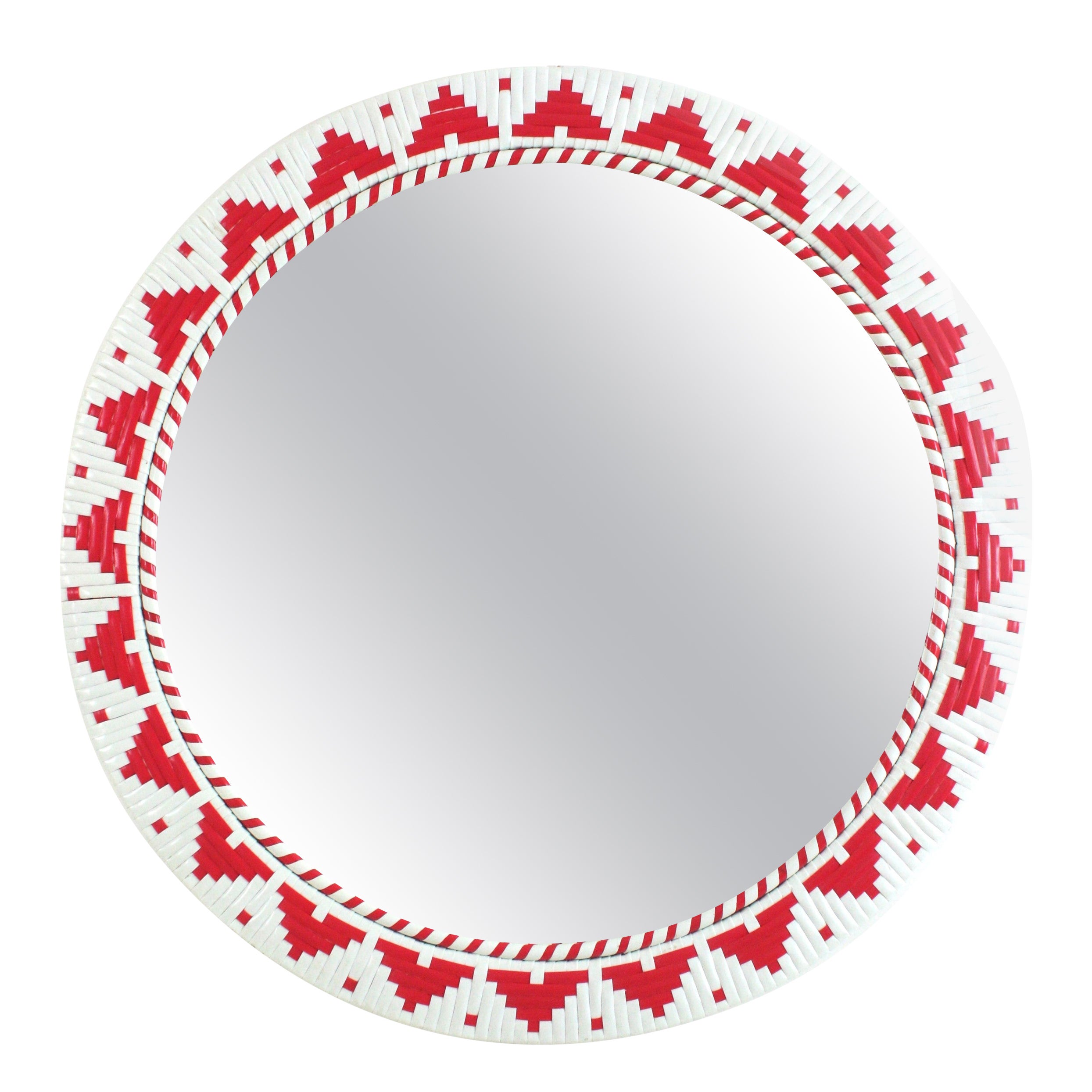 Spanish Round Wall Mirror with Red and White Acrylic Woven Frame For Sale