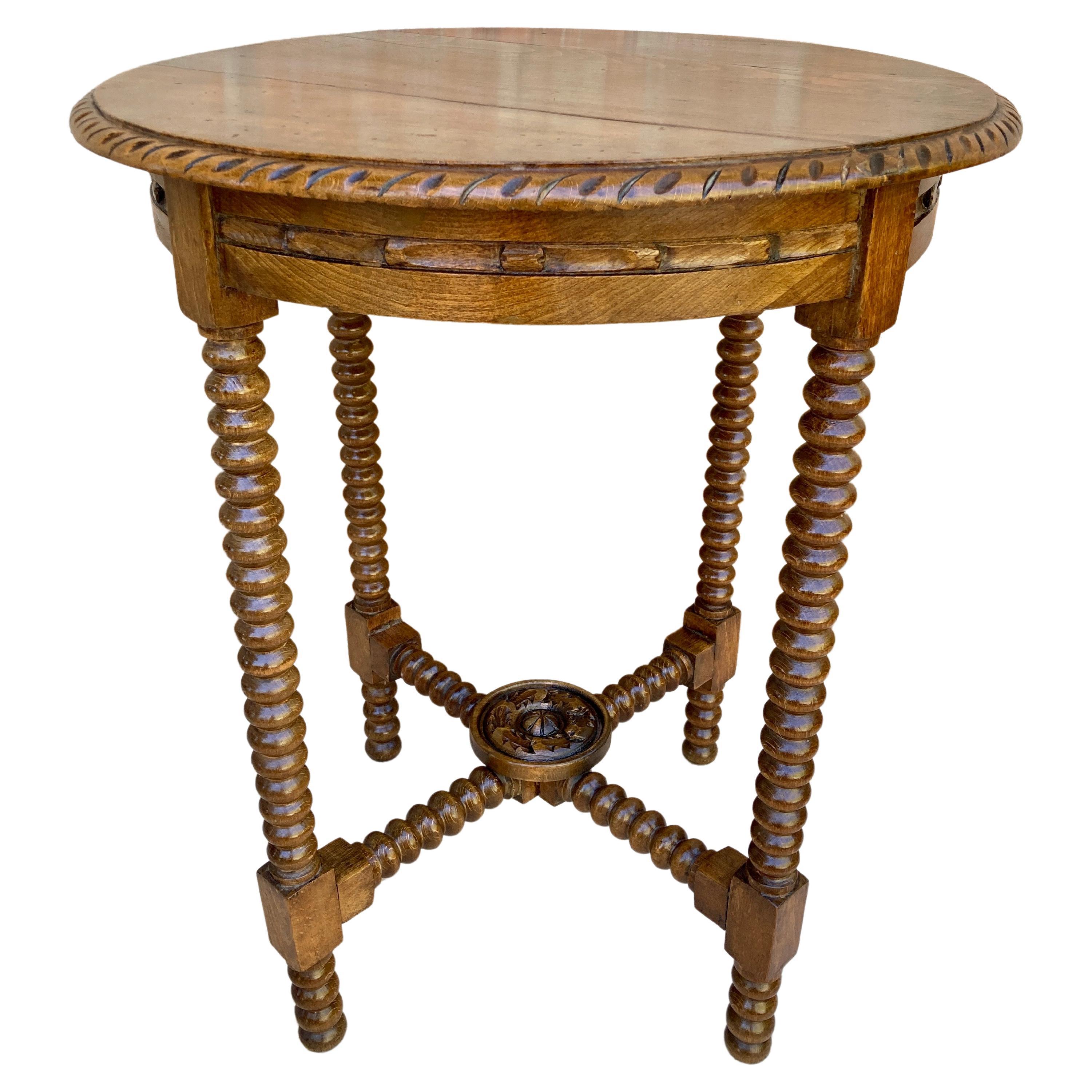 Spanish Round Walnut Side Table With Turned Legs And Beleveled Edges 1900s
