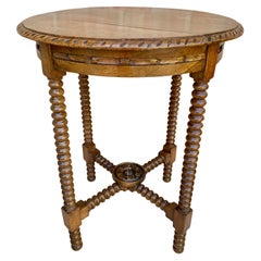 Spanish Round Walnut Side Table With Turned Legs And Beleveled Edges 1900s