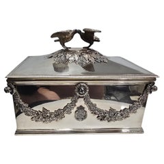 Spanish Royal Solid Silver Box by Yanes with Crest and Birds, Patrimonio Naciona