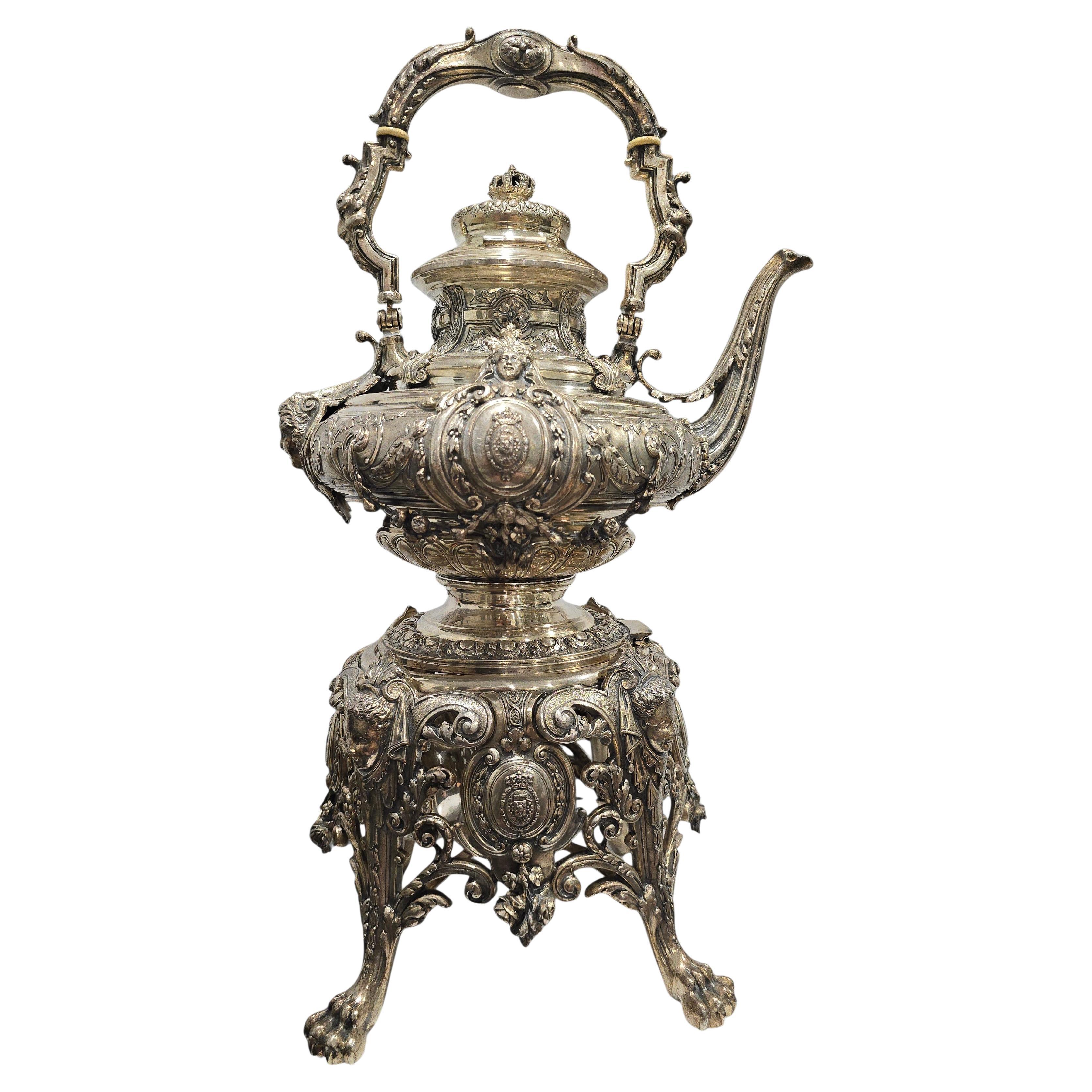 Spanisches königliches Tee- und Kaffeeservice aus massivem Silber von Yanes, mit Alfonso XIII Wappen im Angebot