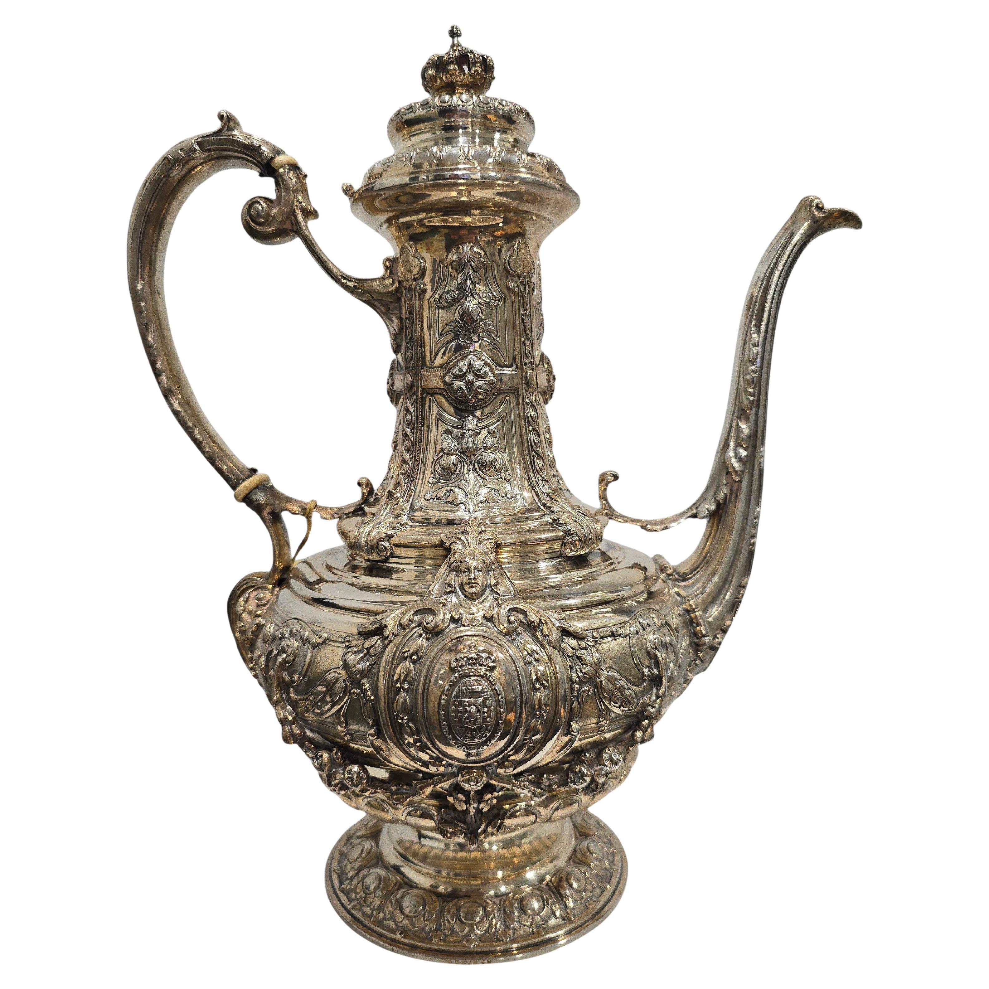 Spanisches königliches Teeservice aus massivem Silber von Yanes, mit Alfonso XIII Wappen