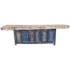 Spanish Rustic 18th Century Wooden Work Table or Buffet Painted Blue with Patina