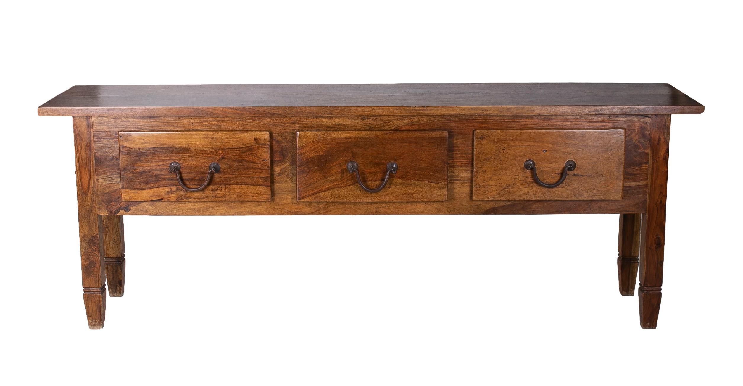 Rustic Spanish 3-drawer wooden console table.