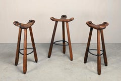 Spanish Rustic and Brutalist wooden Bar Stools in style of Sergio Rodrigues