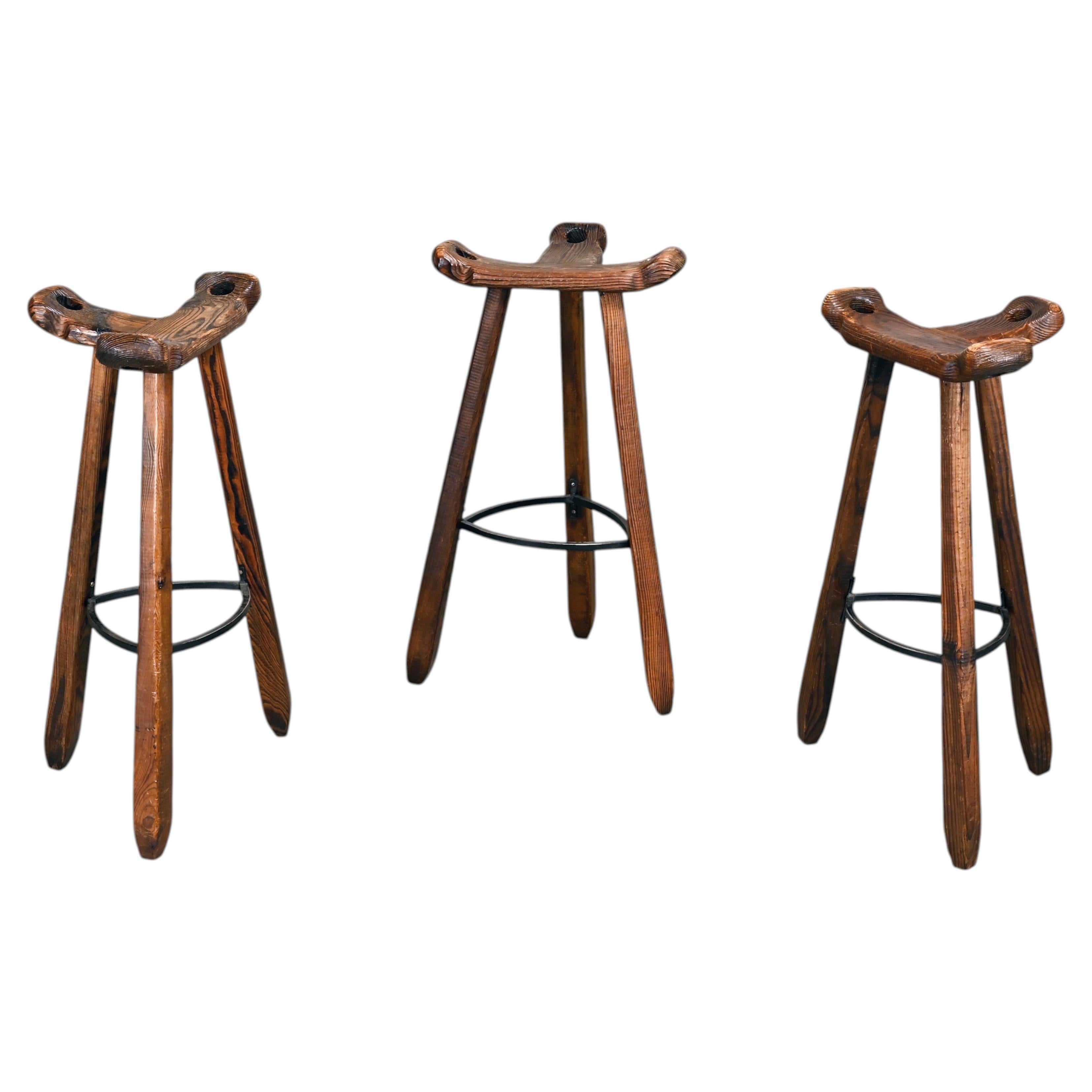 Spanish Rustic and Brutalist wooden Bar Stools in style of Sergio Rodrigues