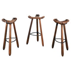 Spanish Rustic and Brutalist wooden Bar Stools in style of Sergio Rodrigues