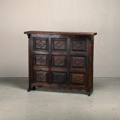 Spanish Rustic Brutalist Bar Counter with hand-carved flower and abstract motifs