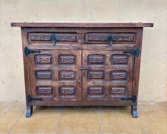 Spanish Rustic Carved Solid Wood Sideboard with Wrought Iron Details