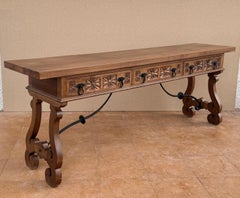 Spanish Rustic Carved Wood Console Table , Mid-20th Century