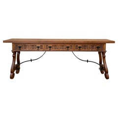 Spanish Rustic Carved Wood Console Table , Mid-20th Century