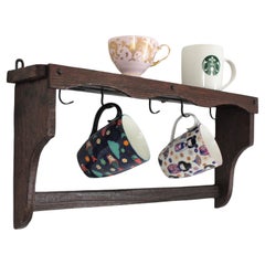 Spanish Rustic Wooden Wall Shelf with Iron Hooks for Mugs