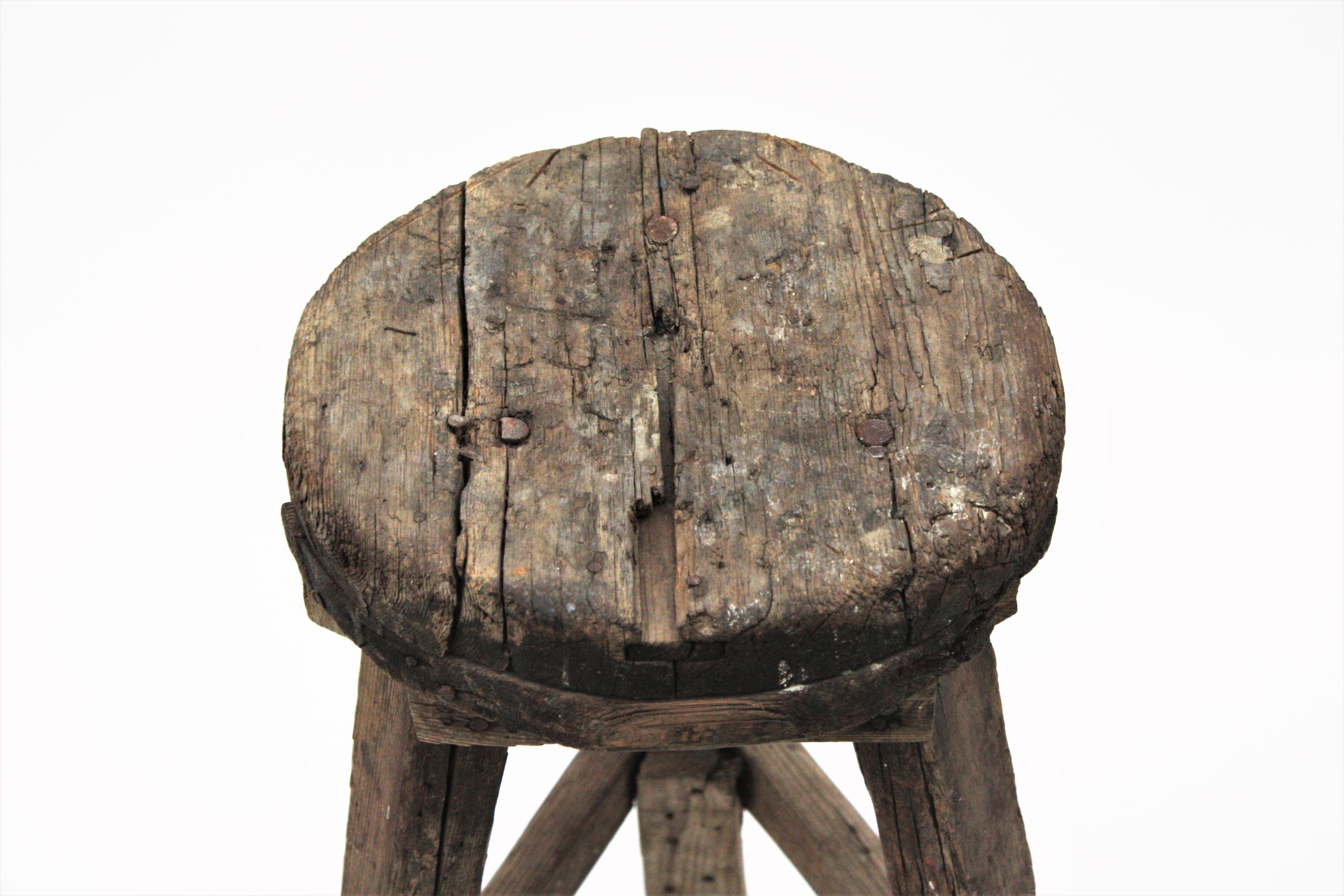 Spanish Rustic Folk Wooden Tripod Stool / Side Table For Sale 7