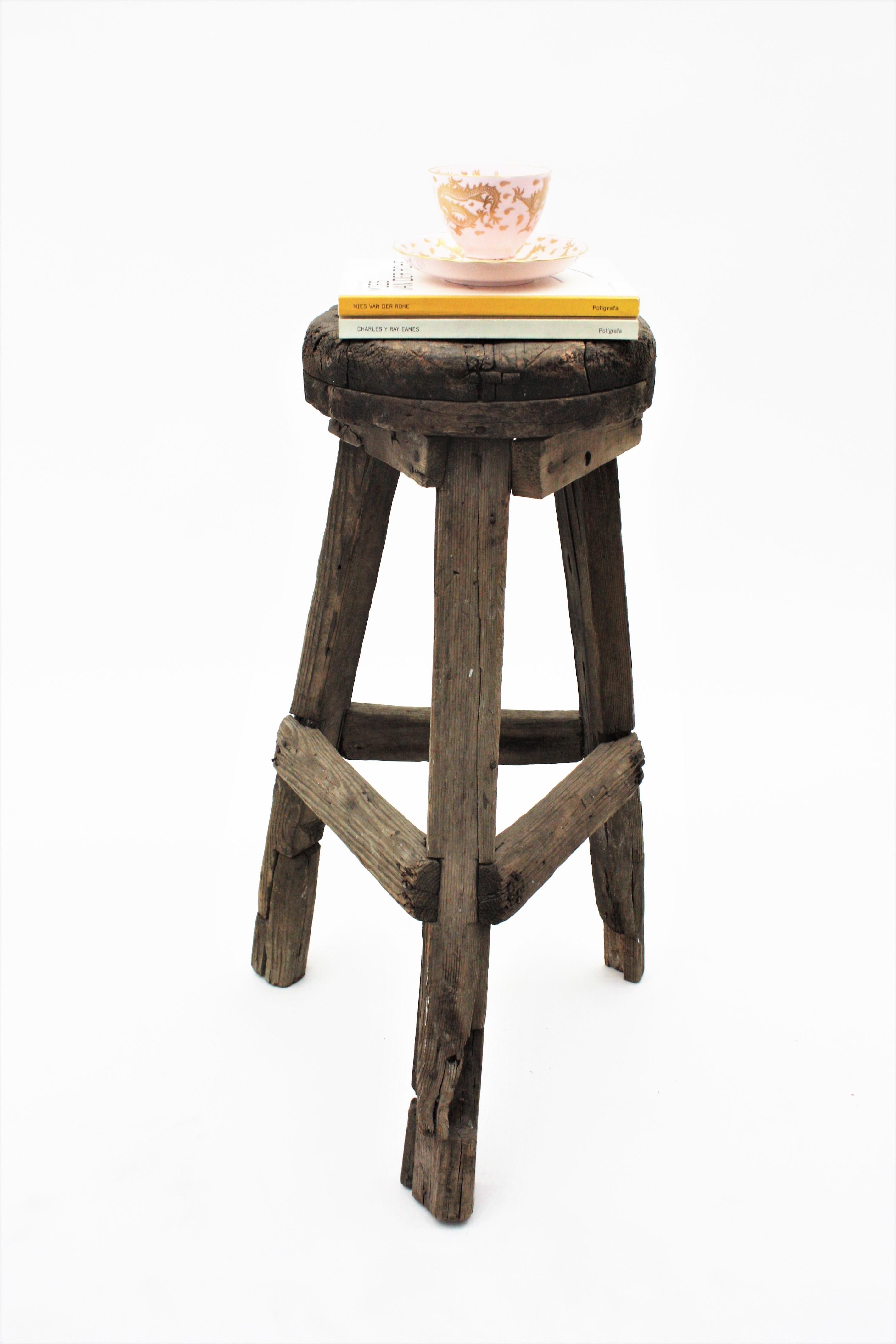Hand-Crafted Spanish Rustic Folk Wooden Tripod Stool / Side Table For Sale