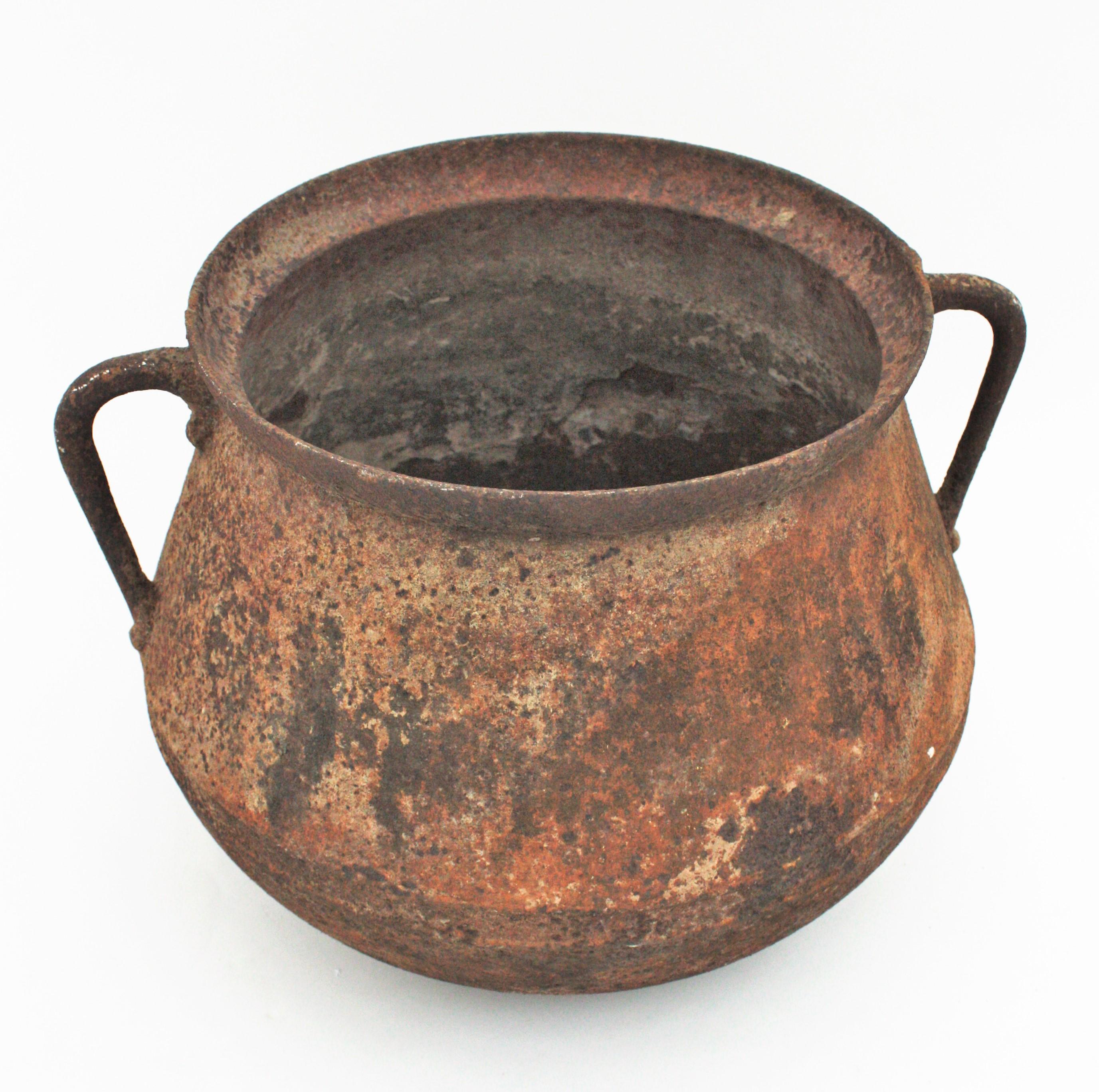 Cast Spanish Rustic Iron Cauldron Pot or Vessel with Rusty Original Patina For Sale