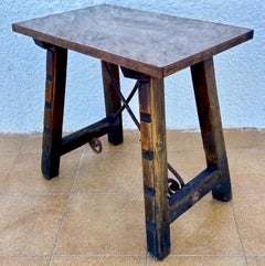 Spanish Rustic Oak Side Table with Hand-Forged Iron Stretcher, c. 1920s