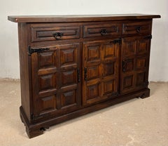 Spanish Rustic Oak Sideboard with Paneled Doors and Iron Hardware, 1930s