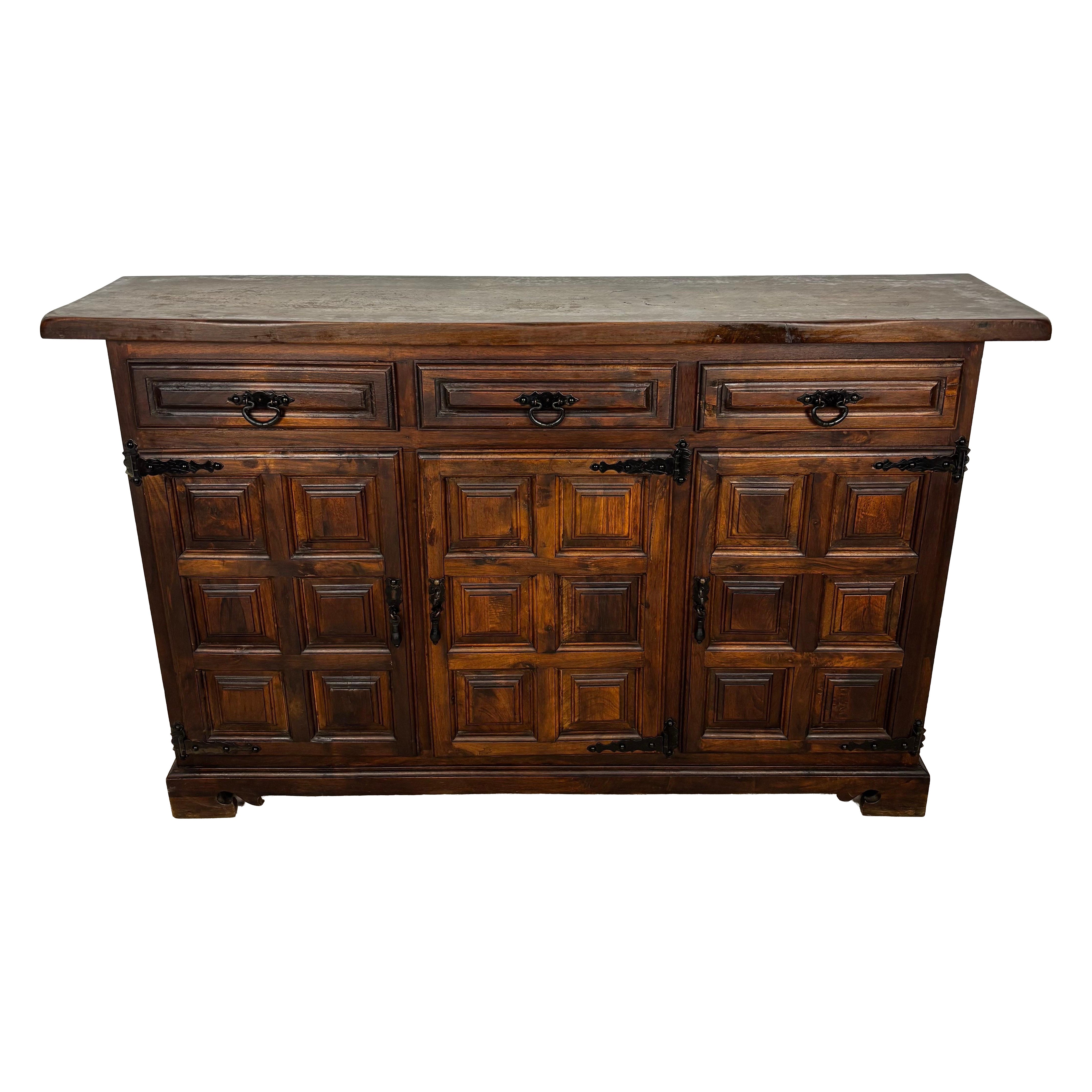 Spanish Rustic Oak Sideboard with Paneled Doors and Iron Hardware, 1930s
