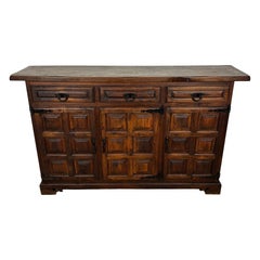 Spanish Rustic Oak Sideboard with Paneled Doors and Iron Hardware, 1930s