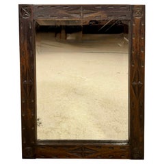 Spanish Rustic Oak Wall Mirror with Geometric Carved Frame